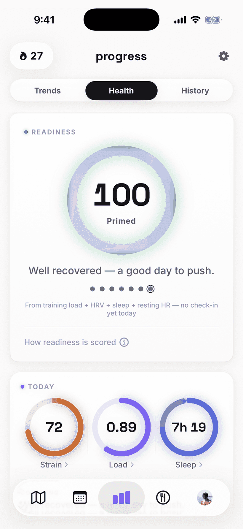 Momentum's readiness on race morning: a ring reading 100, primed, with the note 'well recovered — a good day to push', over the day's strain, training load and sleep.