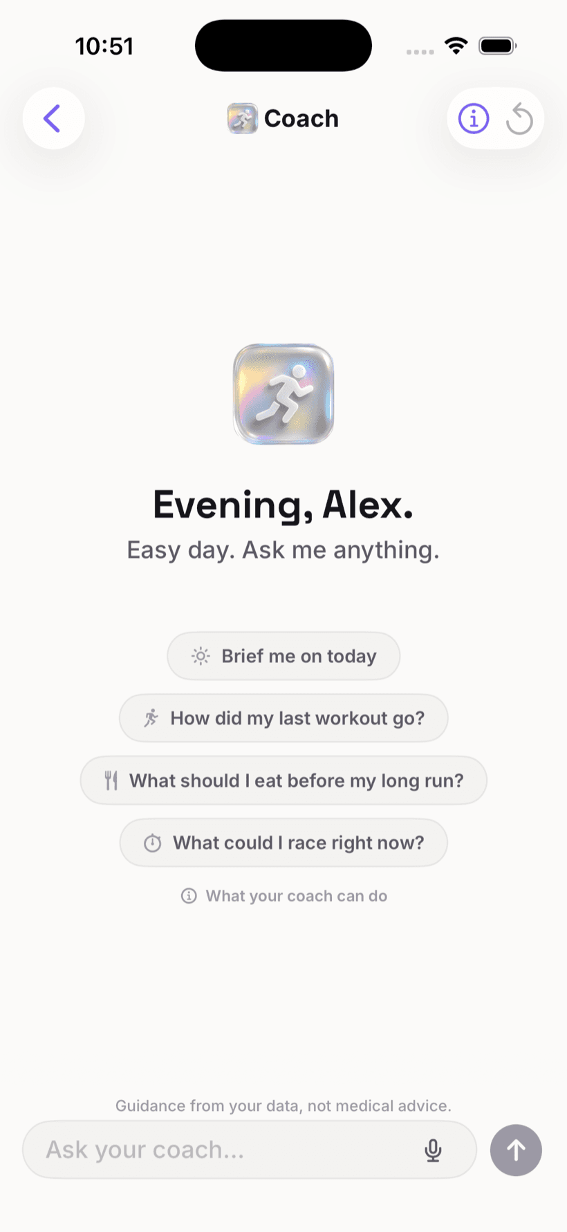 The Momentum coach: a chat that opens with suggested questions about today's session, your last workout, and what you could race.