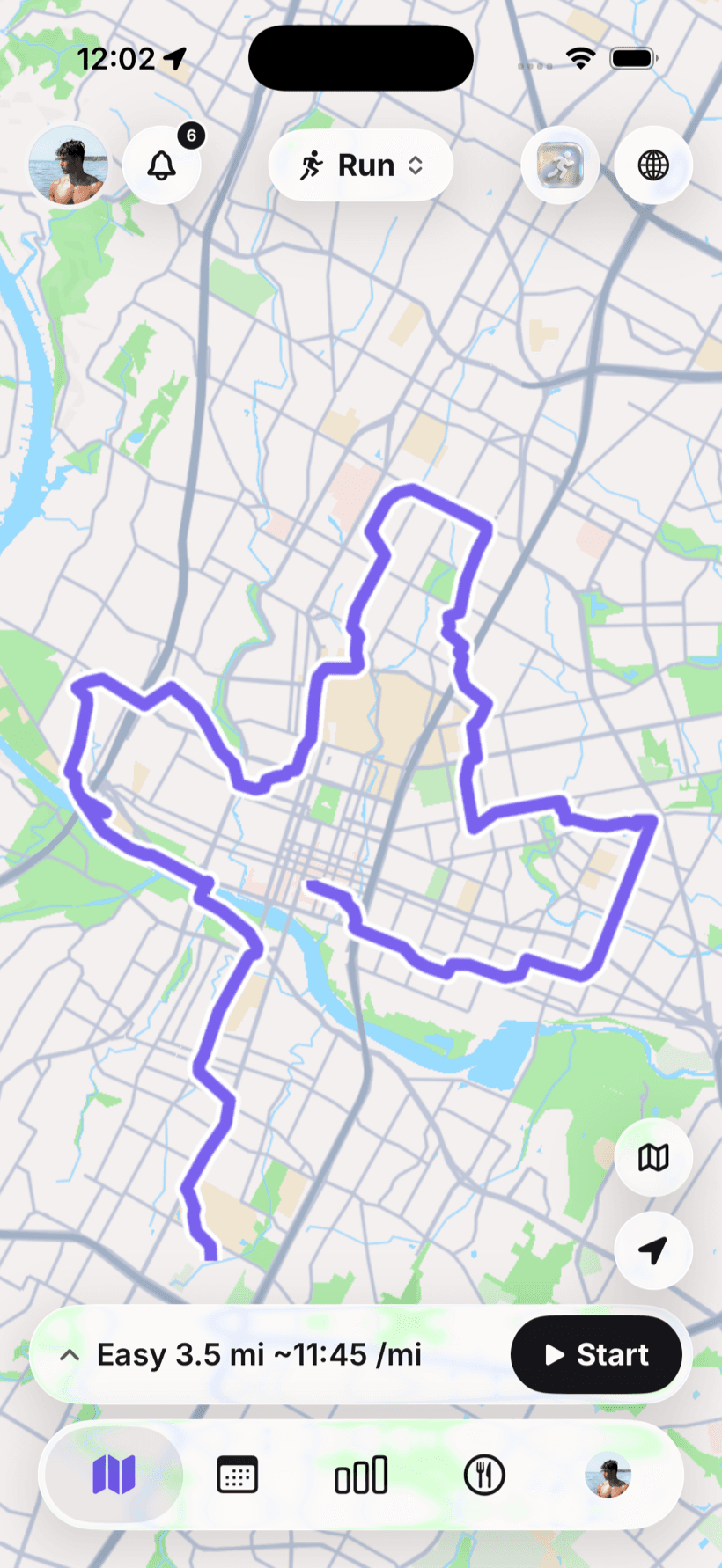 Momentum's Today screen: the Austin Marathon course traced in lavender on a light map, with today's planned easy run ready to start.