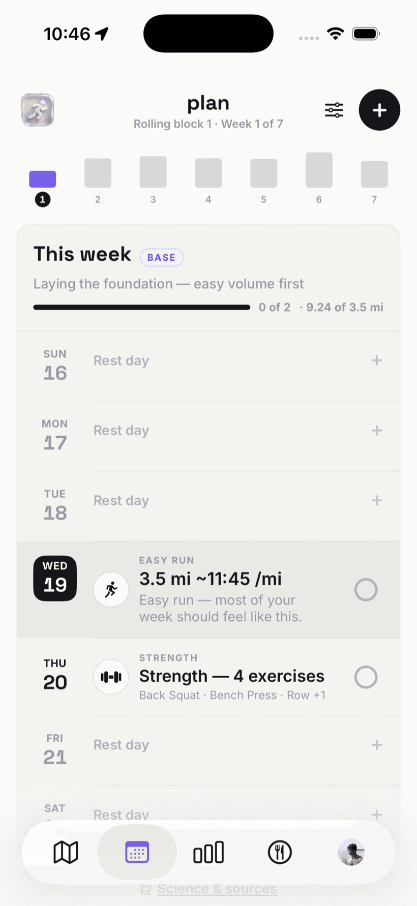 Momentum's weekly plan: a base week with an easy run and a strength day, each with its target.